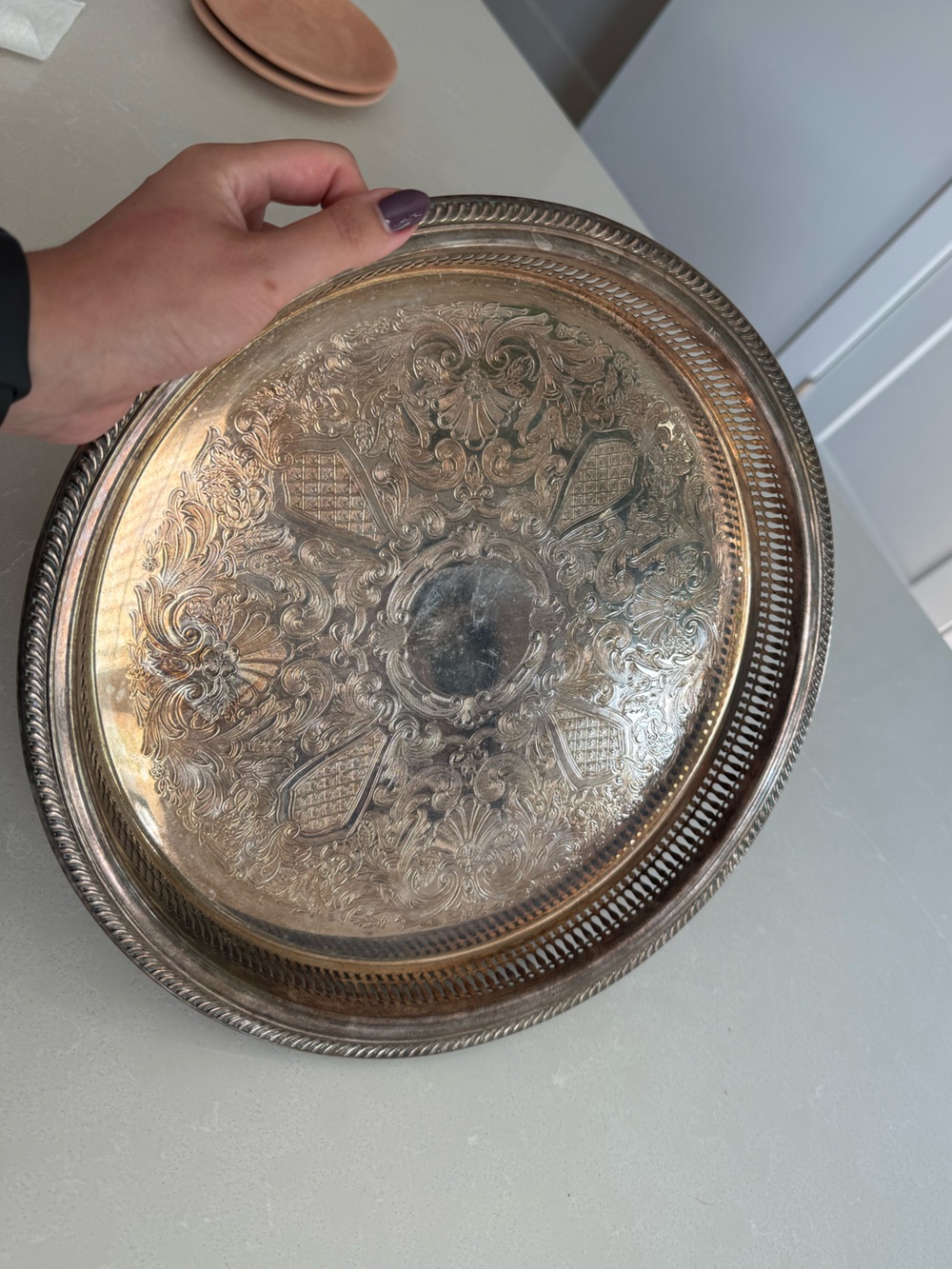 Antique Ornate Silver Tone Round Serving Tray 13” Floral Design